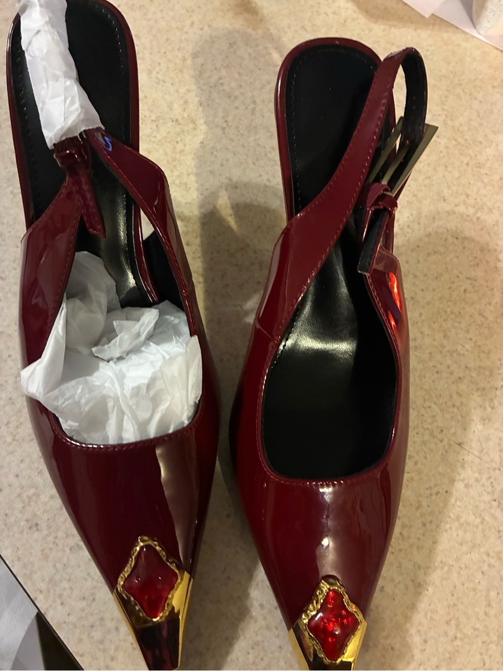Patent Burgundy Pointed-Toe Slingback Pumps with Gold Accent size 9.5